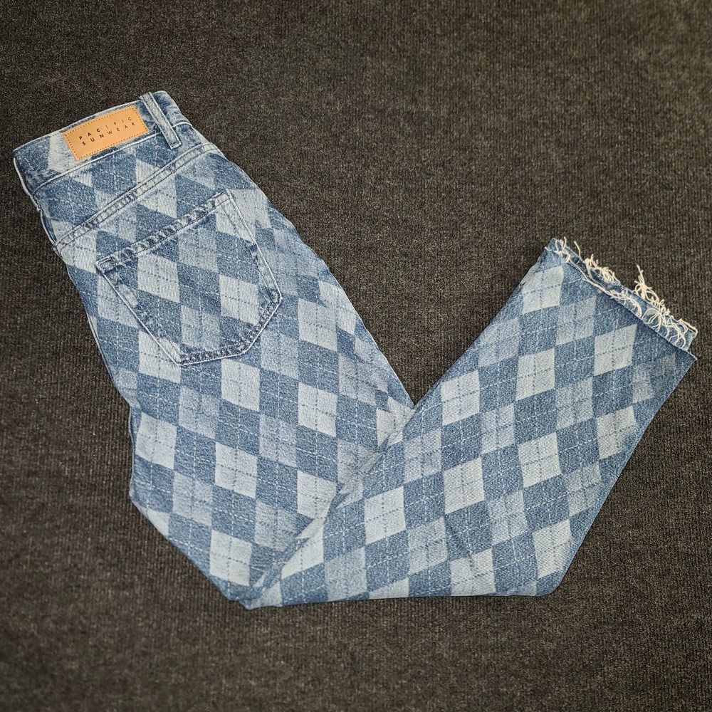 PacSun Women's 27 High Rise Straight Leg Jeans‎ Blue Argyle Checkered Raw Hem